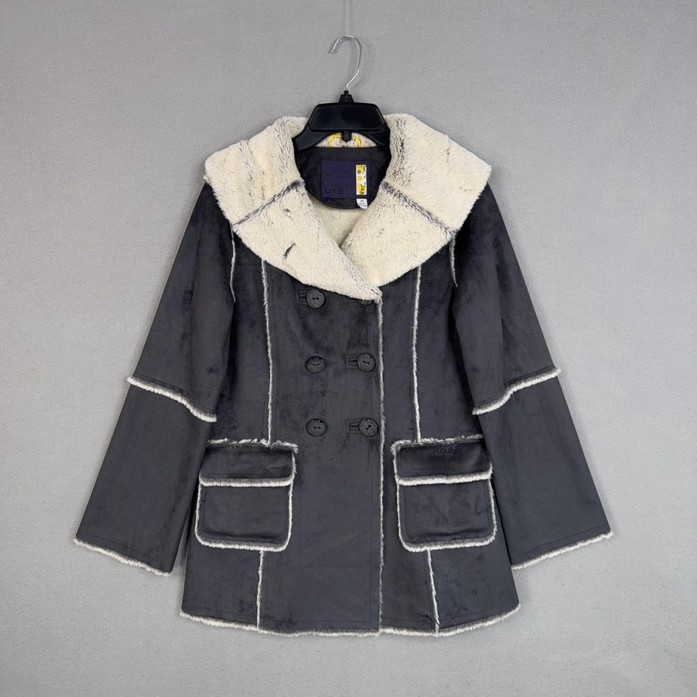 Lolë Pea Coat Womens Medium Gray Faux Suede Fur Lined Double Breasted Jacket